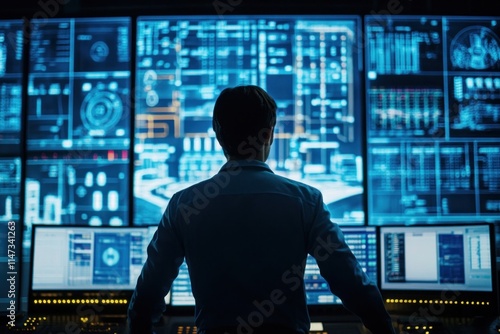 A technician inspecting a hydroelectric control room filled with digital screens displaying real-time data. The scene captures the high-tech environment where energy management occurs, highlighting