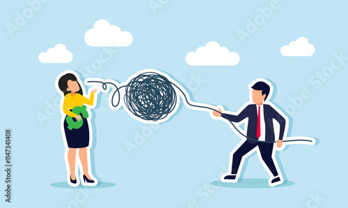 A businessman pulls chaotic elements out of a businesswoman’s mouth holding a dollar sign, illustration of receiving useless financial input