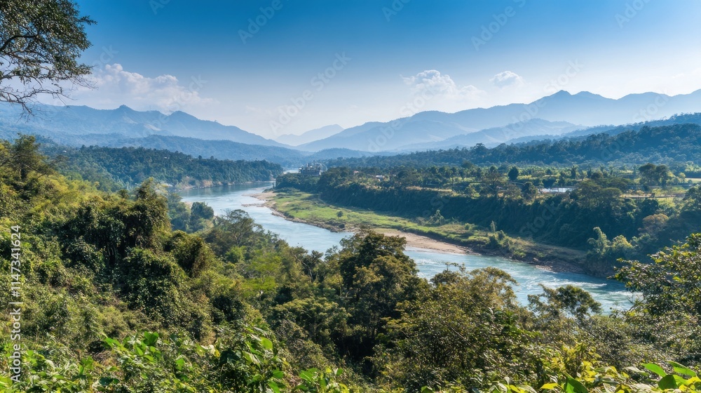 A panoramic view of a river valley with several hydroelectric plants visible along the banks, illustrating the comprehensive approach to harnessing renewable energy from water. The lush environment A panoramic view of a river valley with several hydroelectric plants visible along the banks, illustrating the comprehensive approach to harnessing renewable energy from water. The lush environment