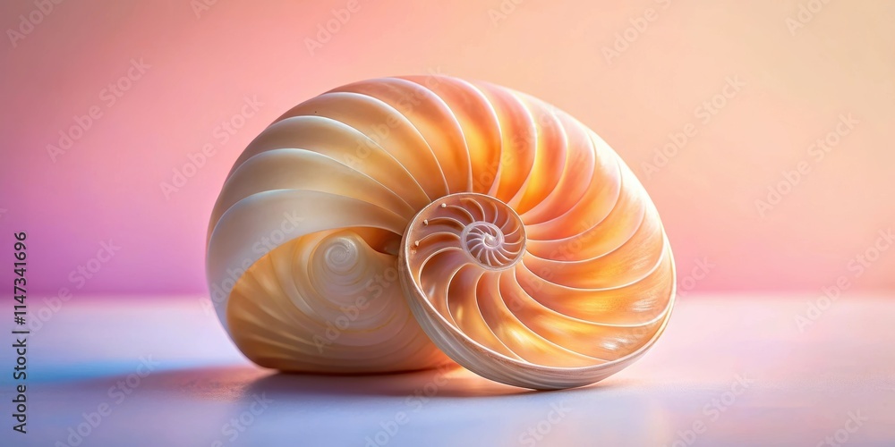 Pink gradient background with overhead view of nautilus shell in soft colors against pastel backdrop, nautilus Pink gradient background with overhead view of nautilus shell in soft colors against pastel backdrop, nautilus