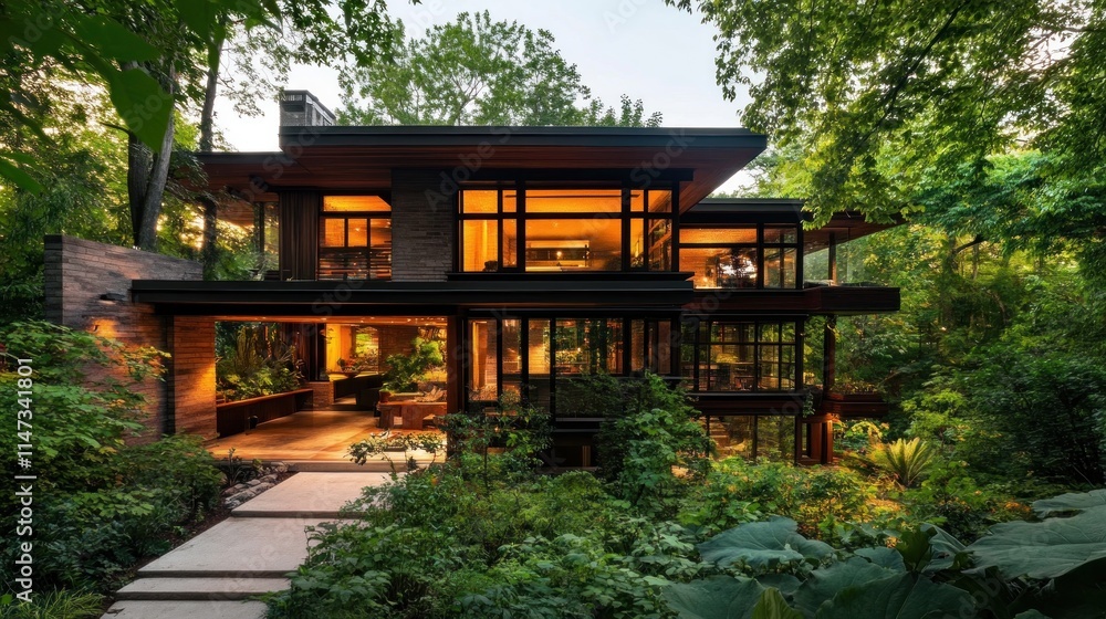 Modern house nestled in lush greenery at dusk. Modern house nestled in lush greenery at dusk.