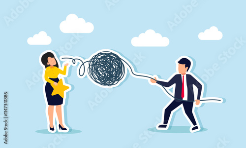 A businessman pulls chaotic elements out of a businesswoman’s mouth holding a star, illustration of receiving useless input on improving business ratings and quality
