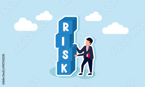 A businessman pulls a block labeled S from a stack of blocks spelling RISK, illustration of final review and assessment of business risk mitigation