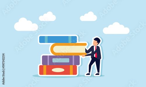 A businessman pulls a book from a stack of books, illustration of a final review of completed business project reports