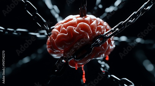 3D render of a bound human brain dripping with viscous fluid, against a shadowy backdrop. AI Generated photo