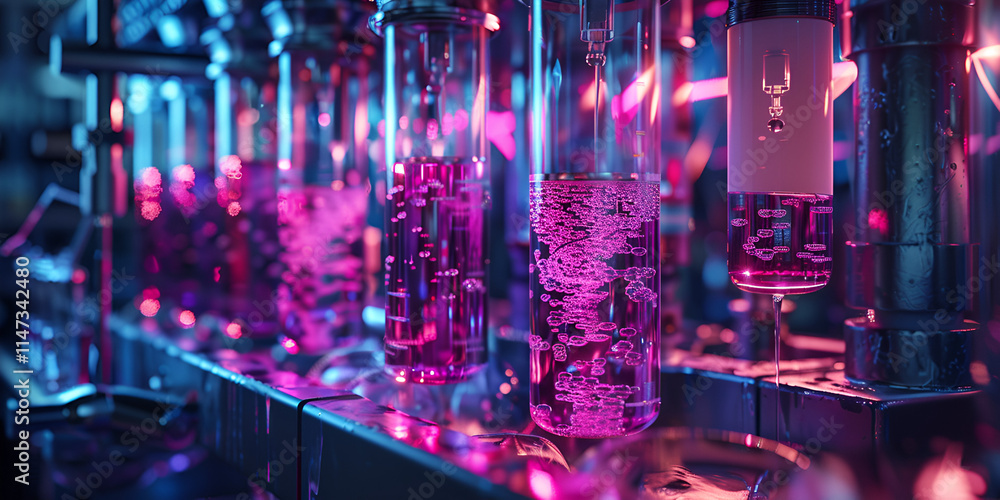 Glass vials with pink solutions under laboratory lights, Advanced chemical research in high-tech scientific lab
Glass vials with pink solutions under laboratory lights, Advanced chemical research in high-tech scientific lab