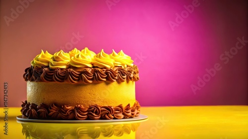 Vibrant chocolate cake with yellow frosting on neon background, chocolate, cake, vibrant, yellow, frosting, neon