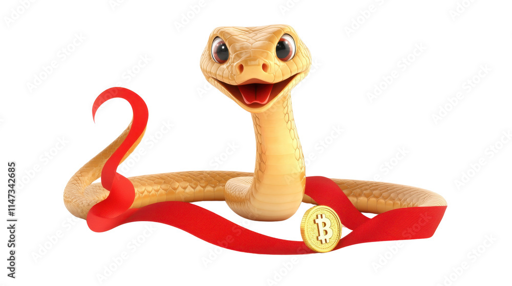 Fototapeta premium Cartoon Snake with a Happy Expression Wearing a Red Ribbon and Gold Coin Symbolizing Cryptocurrency and Blockchain Technology Innovation in a Playful Design
