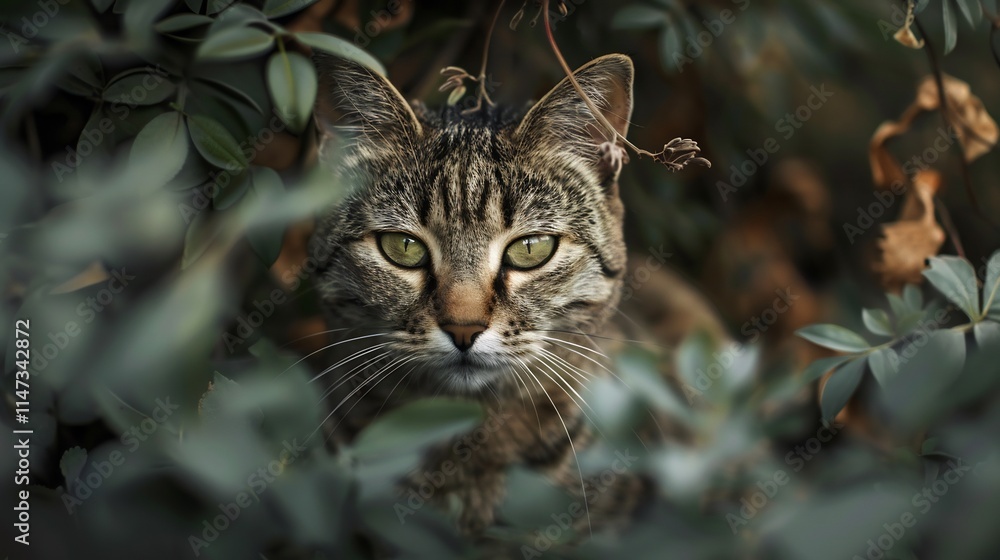 Naklejka premium A Tabby Cat Hidden in the Greenery