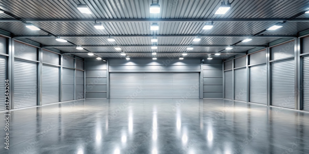 Interior view of empty garage with metallic floor and lighting, garage, interior, empty, metallic, floor, lighting Interior view of empty garage with metallic floor and lighting, garage, interior, empty, metallic, floor, lighting