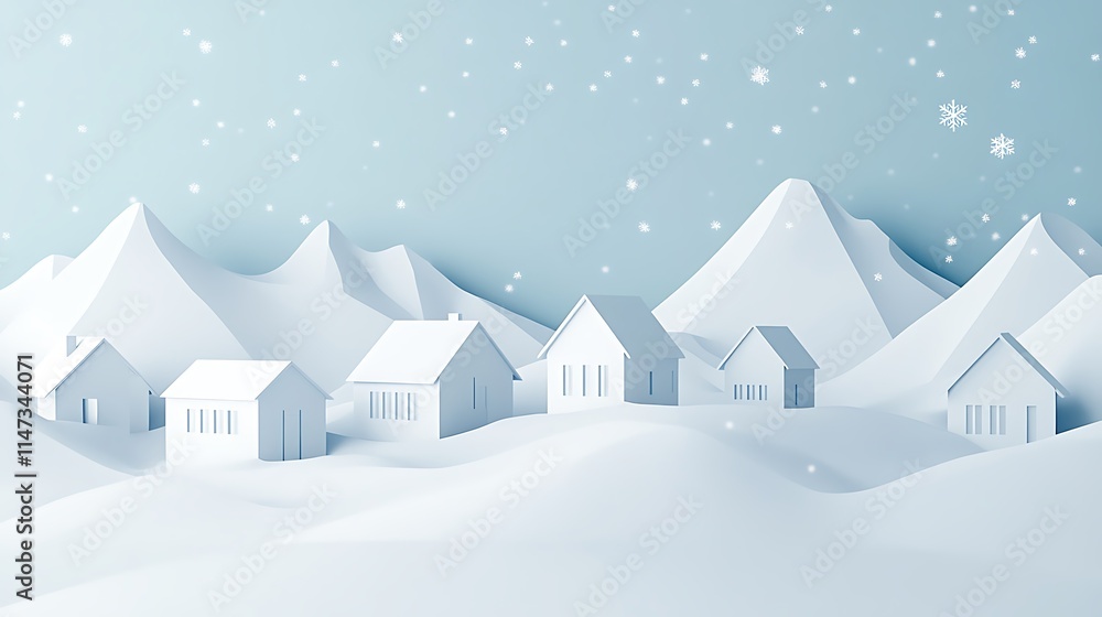 Fototapeta premium Serene Winter Landscape with Snow Covered White Houses and Mountains