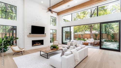 Modern living room with high ceilings, large windows, fireplace, and sliding glass doors leading to backyard.
