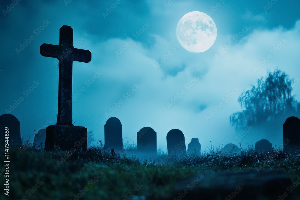 Eerie Night Scene at a Graveyard Featuring a Full Moon Illuminating Foggy Tombstones and a Mysterious Atmosphere Perfect for Halloween Themes and Spooky Imagery Eerie Night Scene at a Graveyard Featuring a Full Moon Illuminating Foggy Tombstones and a Mysterious Atmosphere Perfect for Halloween Themes and Spooky Imagery