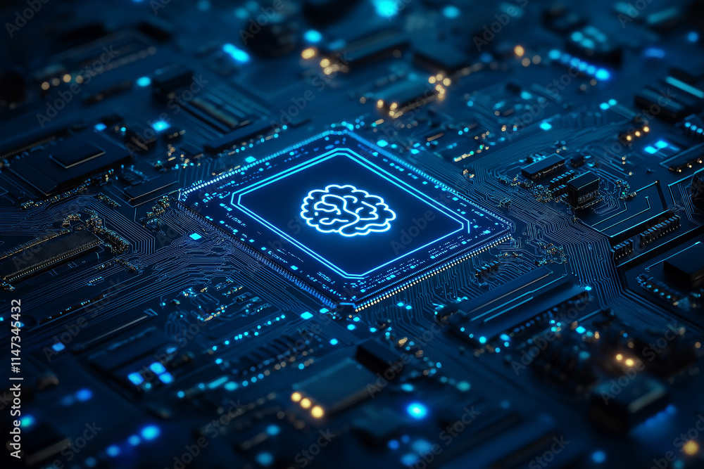 Abstract blue digital technology background with chip and brain icon on dark virtual circuit board for business, science fiction concept Abstract blue digital technology background with chip and brain icon on dark virtual circuit board for business, science fiction concept