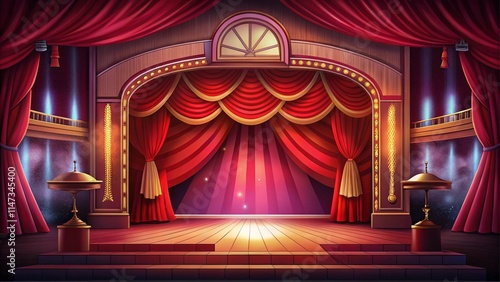 Theater stage with Empty scene, a red curtain and spotlights.