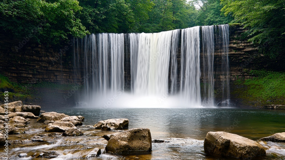 Fototapeta premium Serene Waterfall Cascading Over Rocks Surrounded by Lush Green Trees in a Breathtaking Natural Landscape Ideal for Nature Lovers and Outdoor Enthusiasts