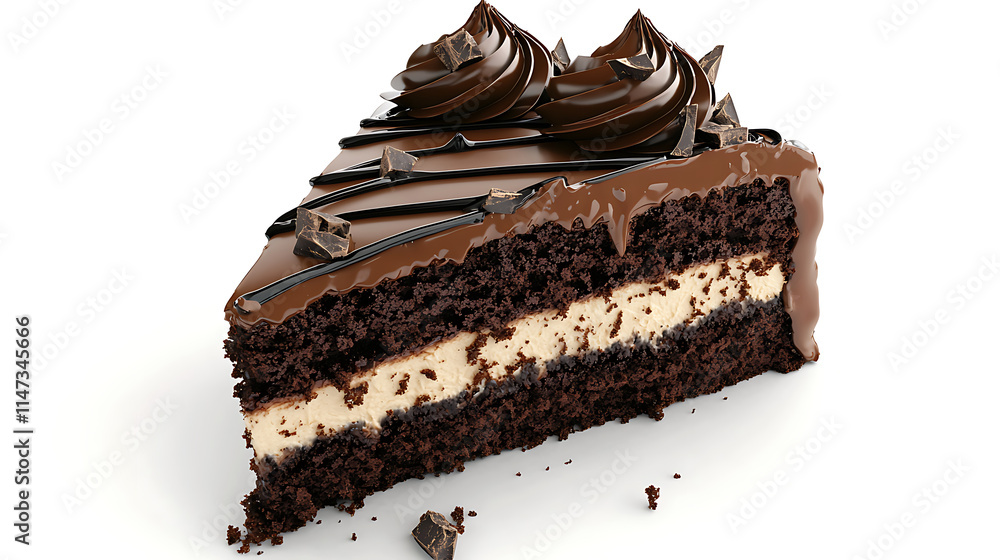 A slice of chocolate cake with chocolate frosting and chocolate chips A slice of chocolate cake with chocolate frosting and chocolate chips