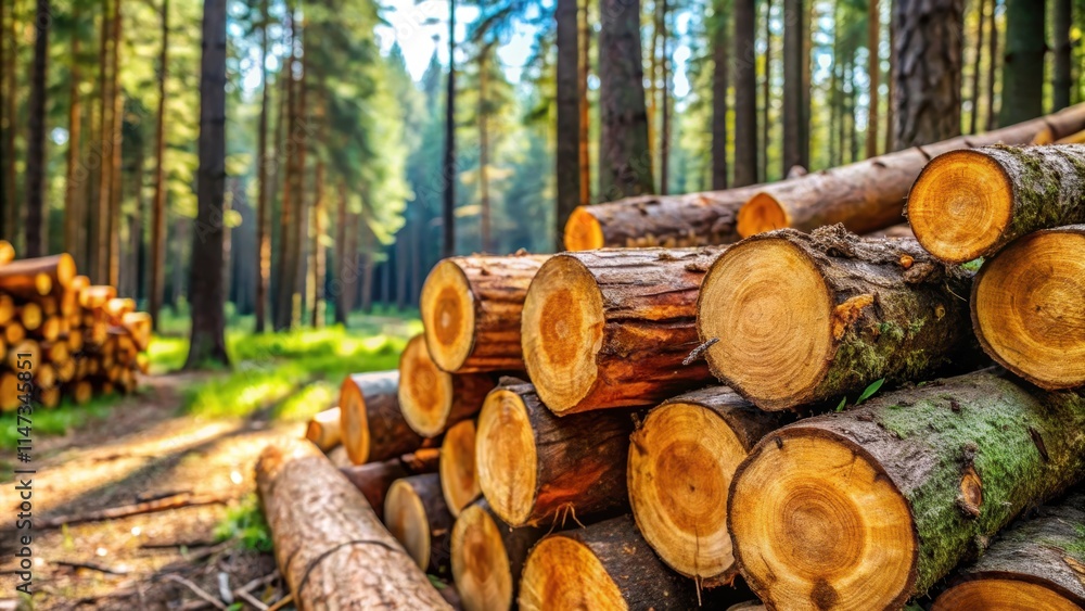 Close up of freshly cut pine wood logs in a forest setting, pine, wood, logs, coniferous, trees, logging, forestry, timber Close up of freshly cut pine wood logs in a forest setting, pine, wood, logs, coniferous, trees, logging, forestry, timber