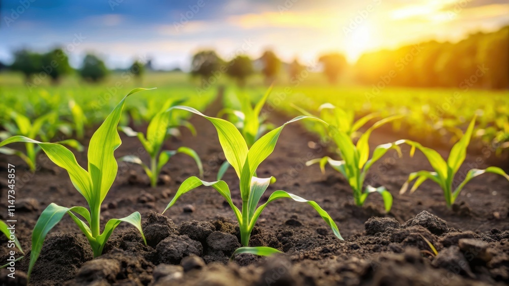 Fresh green maize sprouts growing in a field of corn seedlings, agriculture, plantation, farming, growth, crop, green, leaves Fresh green maize sprouts growing in a field of corn seedlings, agriculture, plantation, farming, growth, crop, green, leaves