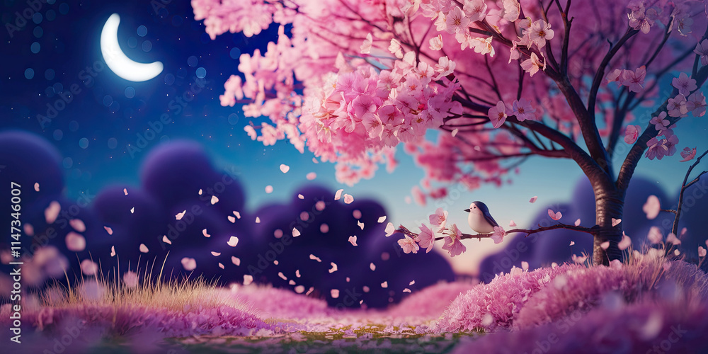 Serene Night Pink Cherry Blossom Tree Bird Moon Serene Night Pink Cherry Blossom Tree Bird Moon