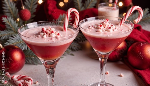 Two martini glasses filled with strawberry cocktail. Garnished with crushed candy canes. Placed on a table with red and white Christmas decorations.
