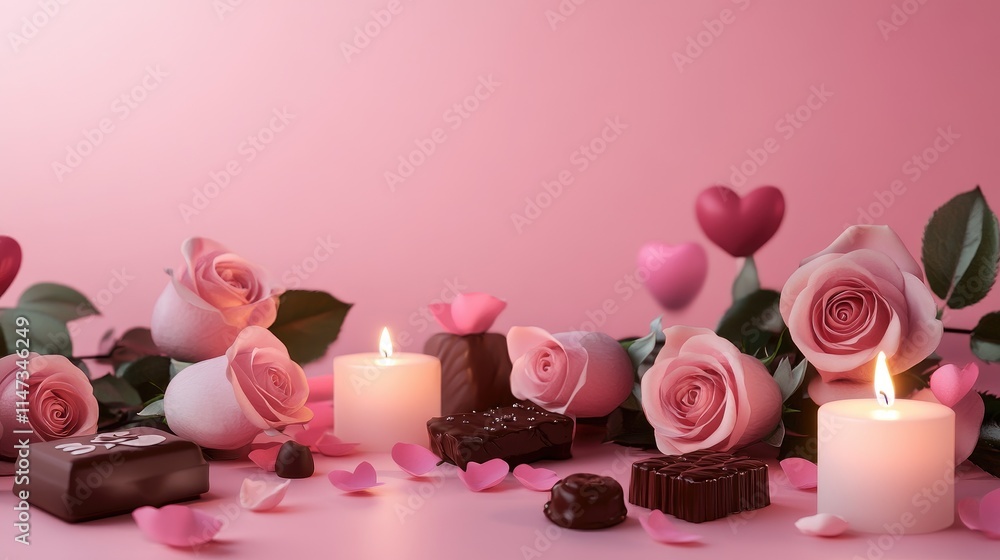 Romantic Setup with Roses, Candles, and Chocolate Confections Romantic Setup with Roses, Candles, and Chocolate Confections