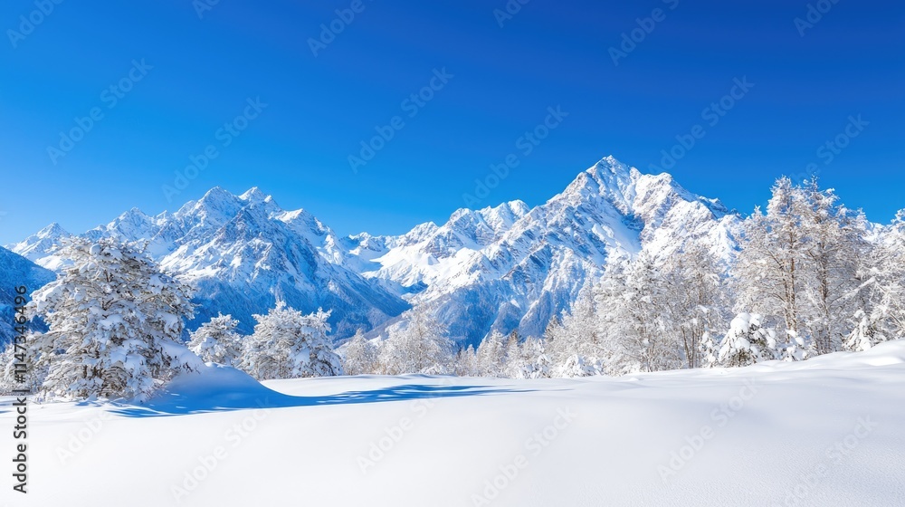 Obraz premium Snow-covered mountain range under a clear blue sky.