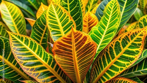 Closeup of a vibrant banana croton plant with long, thin, rounded yellow and green leaves for tropical backgrounds