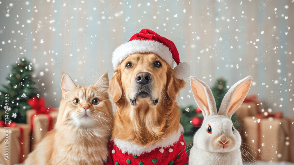 festive scene featuring dog, cat, and bunny in holiday attire, surrounded by Christmas decorations and snowflakes. joyful atmosphere captures spirit of season festive scene featuring dog, cat, and bunny in holiday attire, surrounded by Christmas decorations and snowflakes. joyful atmosphere captures spirit of season