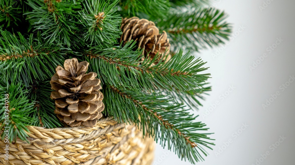 Beautifully arranged pine branches with natural pine cones in a woven basket, perfect for capturing the essence of the holidays and winter season indoors. Beautifully arranged pine branches with natural pine cones in a woven basket, perfect for capturing the essence of the holidays and winter season indoors.