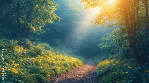 A serene forest path illuminated by soft sunlight, inviting exploration and connection with nature.