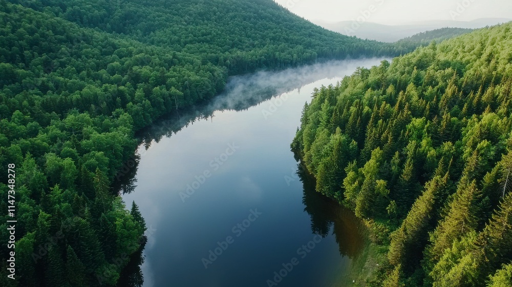 Aerial View of Serene River Flowing Through Lush Green Forest Landscape Surrounded by Misty Mountains in Tranquil Nature Setting Aerial View of Serene River Flowing Through Lush Green Forest Landscape Surrounded by Misty Mountains in Tranquil Nature Setting