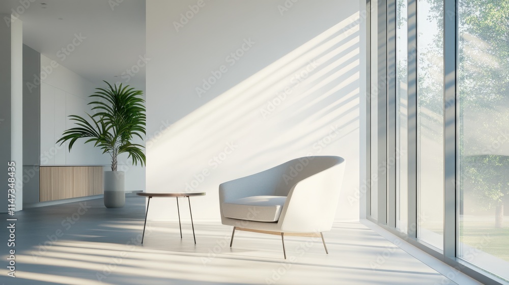 Fototapeta premium Minimalist living room with modern, open design. Featuring sleek furnishings and neutral colors