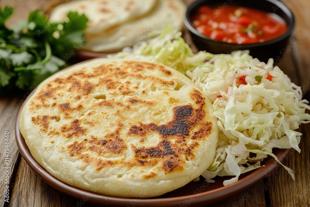A perfectly cooked pupusa with cabbage slaw. Delicious El Salvadorian food photography for menus or blogs. A perfectly cooked pupusa with cabbage slaw. Delicious El Salvadorian food photography for menus or blogs.