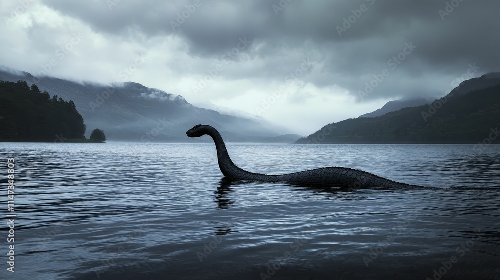 Fototapeta premium Dark creature swims lake, misty mountains backdrop.