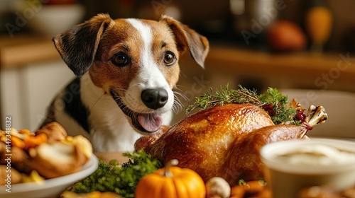 Dog stealing Thanksgiving turkey from the table,  humor and mischief to the holiday theme, illustrating the playful side of pets and their love for holiday food in a lighthearted and relatable scene. photo