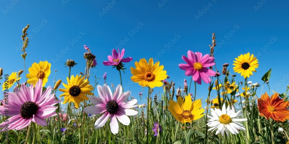 Fototapeta premium Vibrant Flower Blooming Action in Nature's Garden Colorful Wildflower Field Under Clear Blue Sky Stunning Serene Environment Eye-Level View Beauty and Diversity of Flora