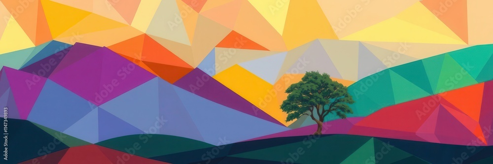 Vibrant abstract tree landscape with geometric shapes and colorful patterns, geometric shapes, art, abstract