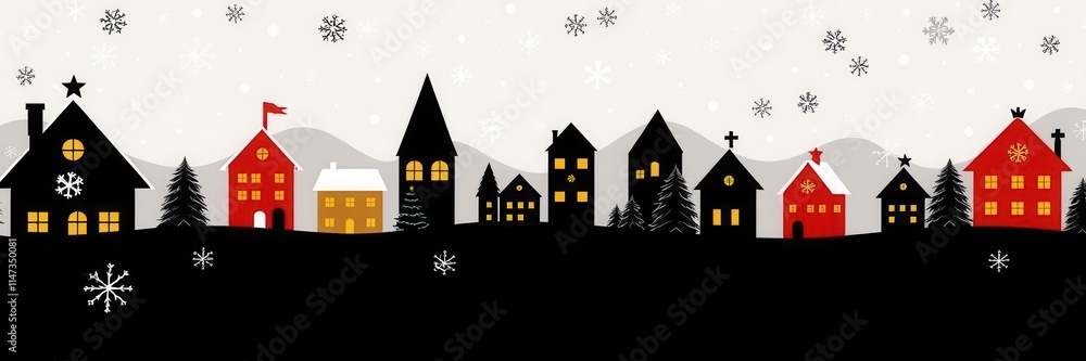 Snowflakes gently fall over charming towns and villages decorated with red and black Christmas lights, creating a festive and magical atmosphere, festive, seasonal, villages Snowflakes gently fall over charming towns and villages decorated with red and black Christmas lights, creating a festive and magical atmosphere, festive, seasonal, villages