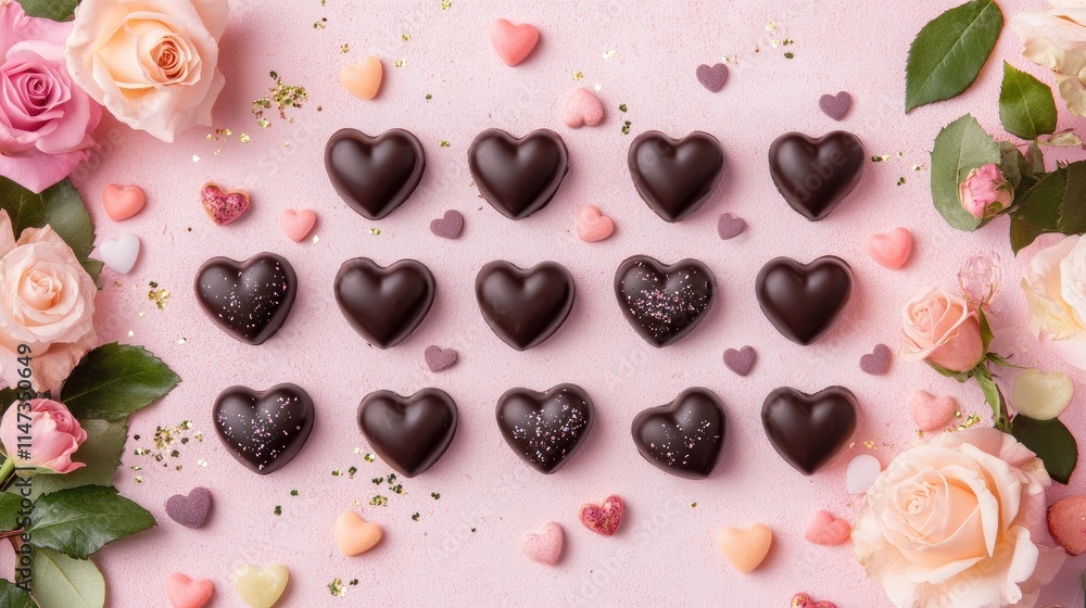 Heart-Shaped Chocolates Surrounded by Pastel Roses and Hearts Heart-Shaped Chocolates Surrounded by Pastel Roses and Hearts