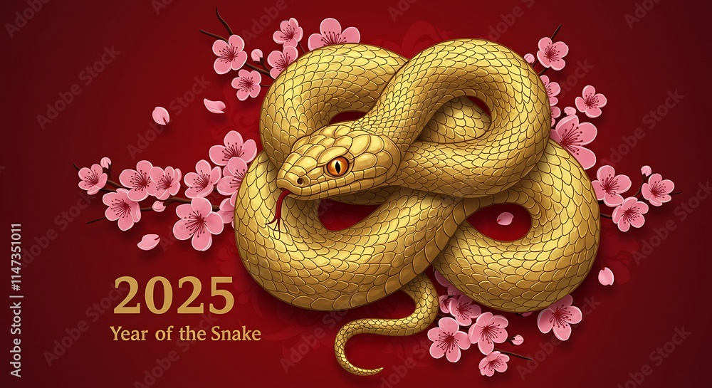 Obraz premium Golden snake surrounded by cherry blossoms on red background, representing 2025 Year of the Snake
