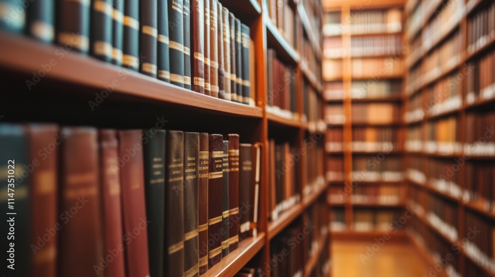 A quiet library aisle filled with rows of books, showcasing rich wooden shelves and numerous leather-bound volumes. A quiet library aisle filled with rows of books, showcasing rich wooden shelves and numerous leather-bound volumes.