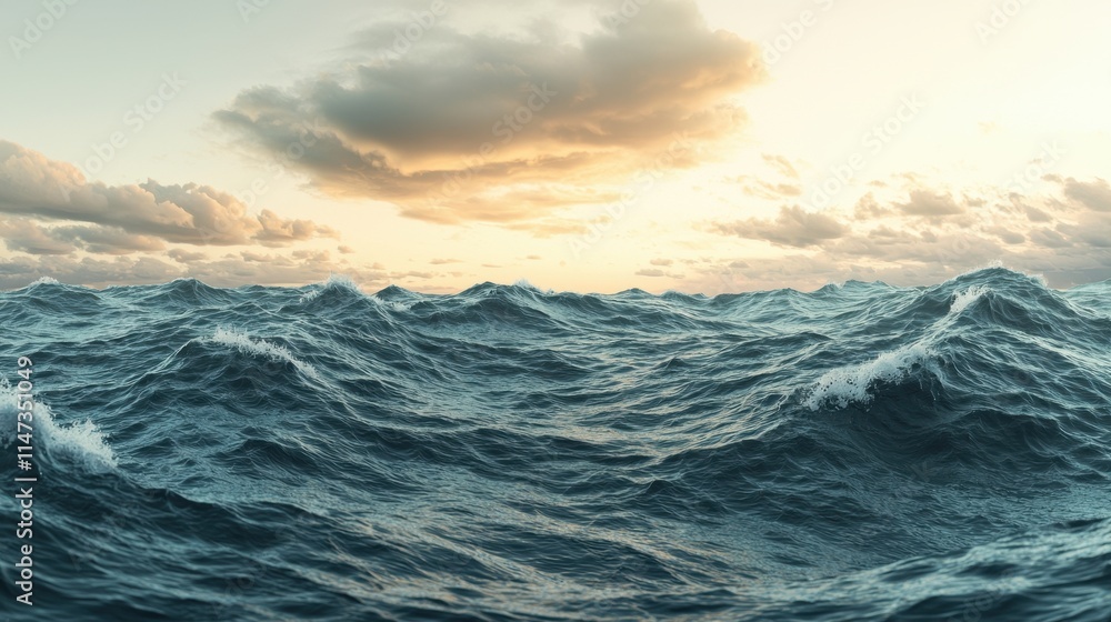 Fototapeta premium A serene ocean scene with rolling waves under a cloudy sky, illuminated by the soft glow of the setting sun.
