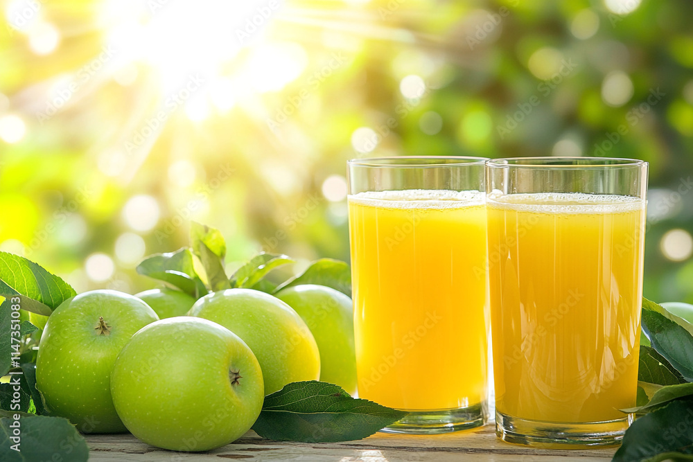Fototapeta premium Glasses of Yellow Apple Juice Resting on the Table