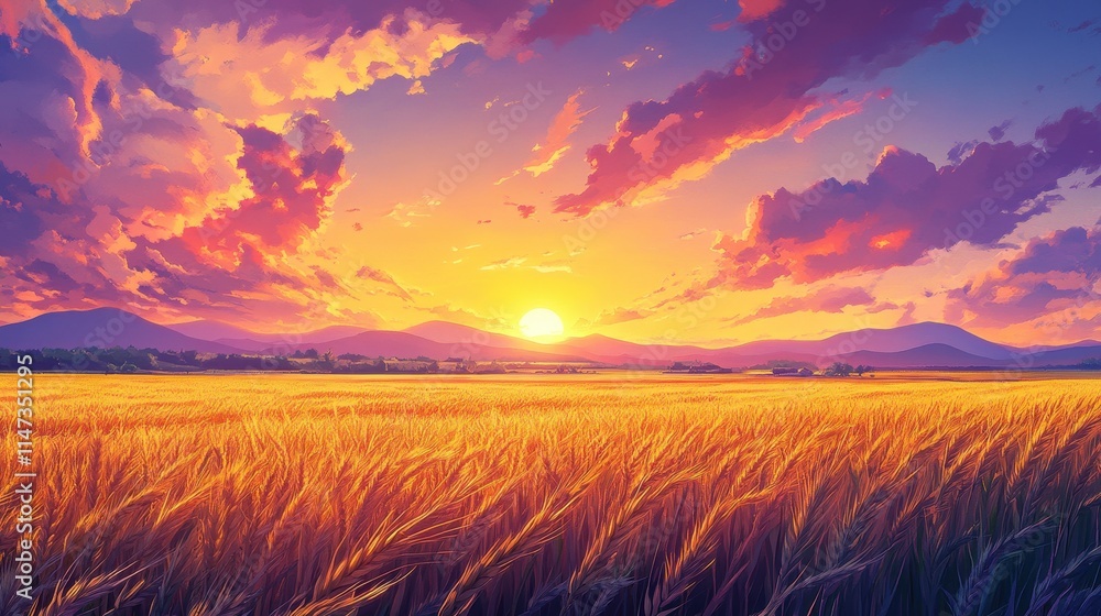 A vibrant sunset casts golden hues over a wheat field, with dramatic clouds and distant mountains enhancing the serene landscape. A vibrant sunset casts golden hues over a wheat field, with dramatic clouds and distant mountains enhancing the serene landscape.