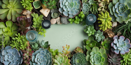 Succulent Plants Frame Green Background Copy Space Botanical Nature