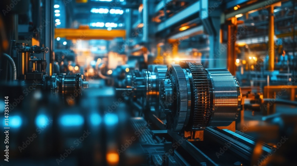 A close-up view of intricate gears and machinery in a factory setting, illuminated by blue and orange lighting, showcasing industrial engineering.