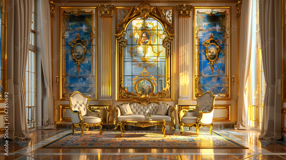 Fototapeta premium Luxury House Golden Interior, world architecture day, first Monday of October, Generative Ai