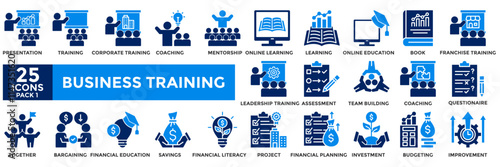 Business training icon collection set.Containing presentation,training,coaching,mentorship, online learning ,online education icon.Simple flat vector illustration