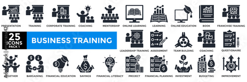 Business training icon collection set.Containing presentation,training,coaching,mentorship, online learning ,online education icon.Simple solid vector illustration